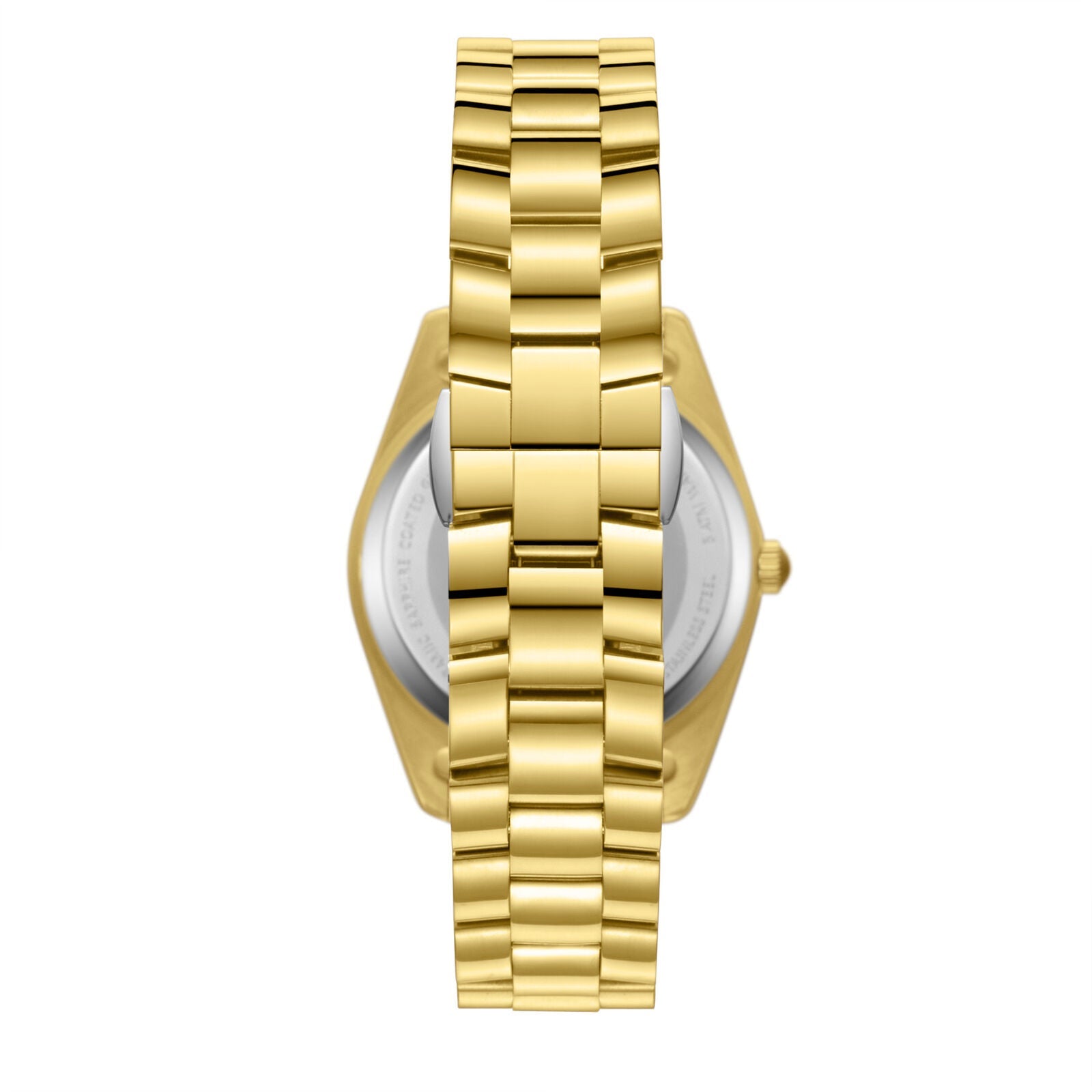 Caseback view of gold moonphase watch with exposed mechanism details