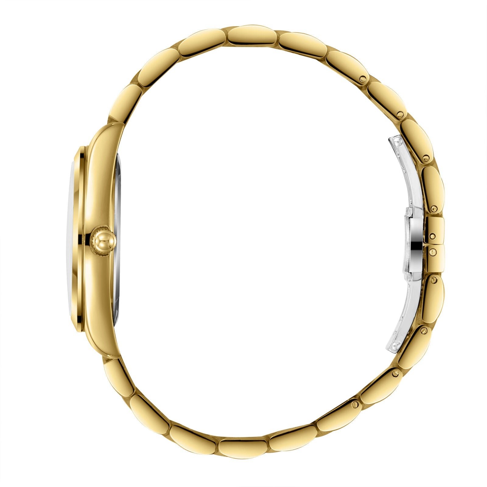Side profile of gold-tone watch showing full bracelet and case depth