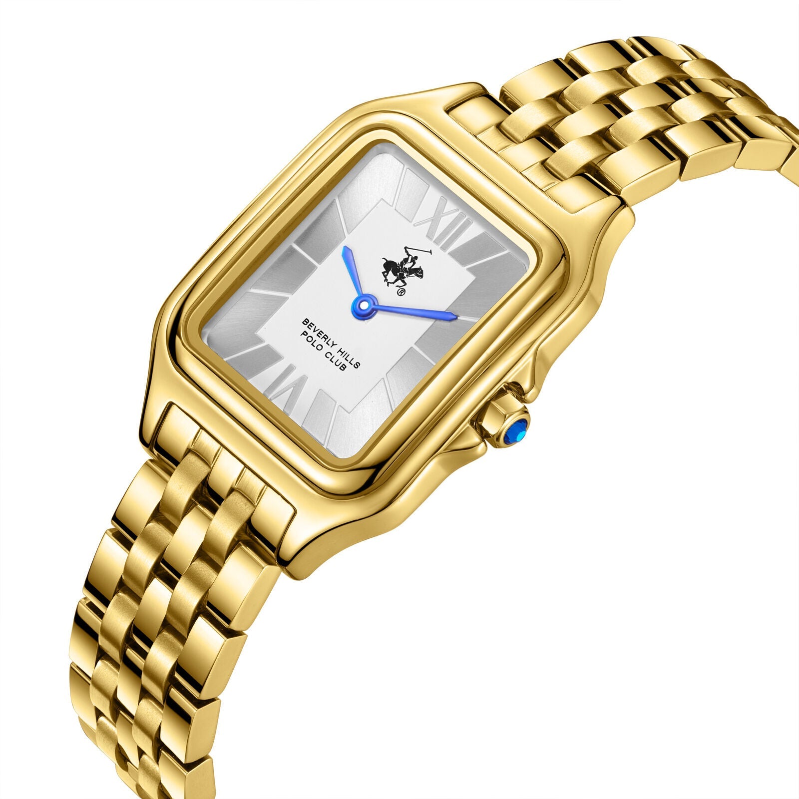 Gold square watch angled view showing case and gold link bracelet