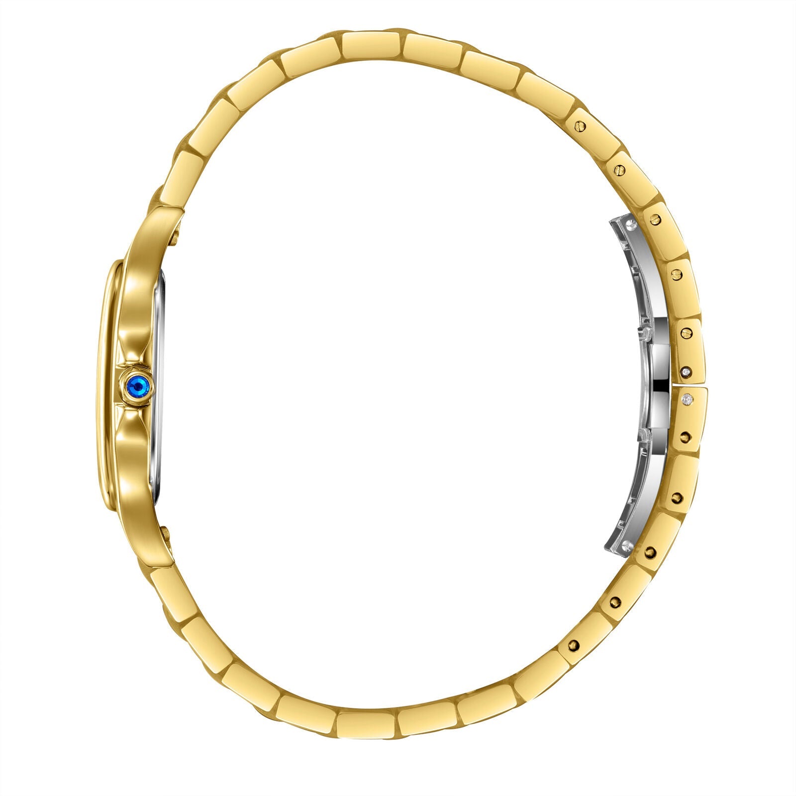 Side view of gold rectangular watch case with link bracelet