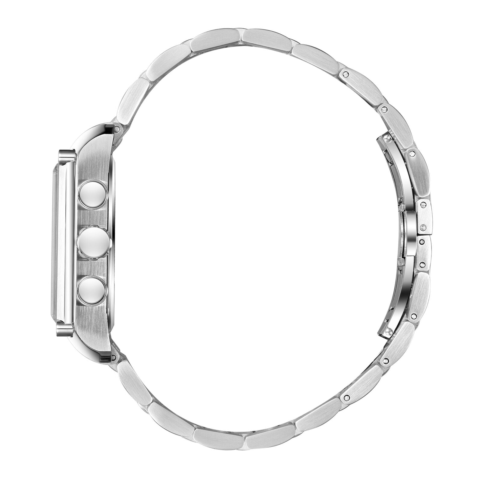 Left side view of silver case showing chronograph pushers and link bracelet