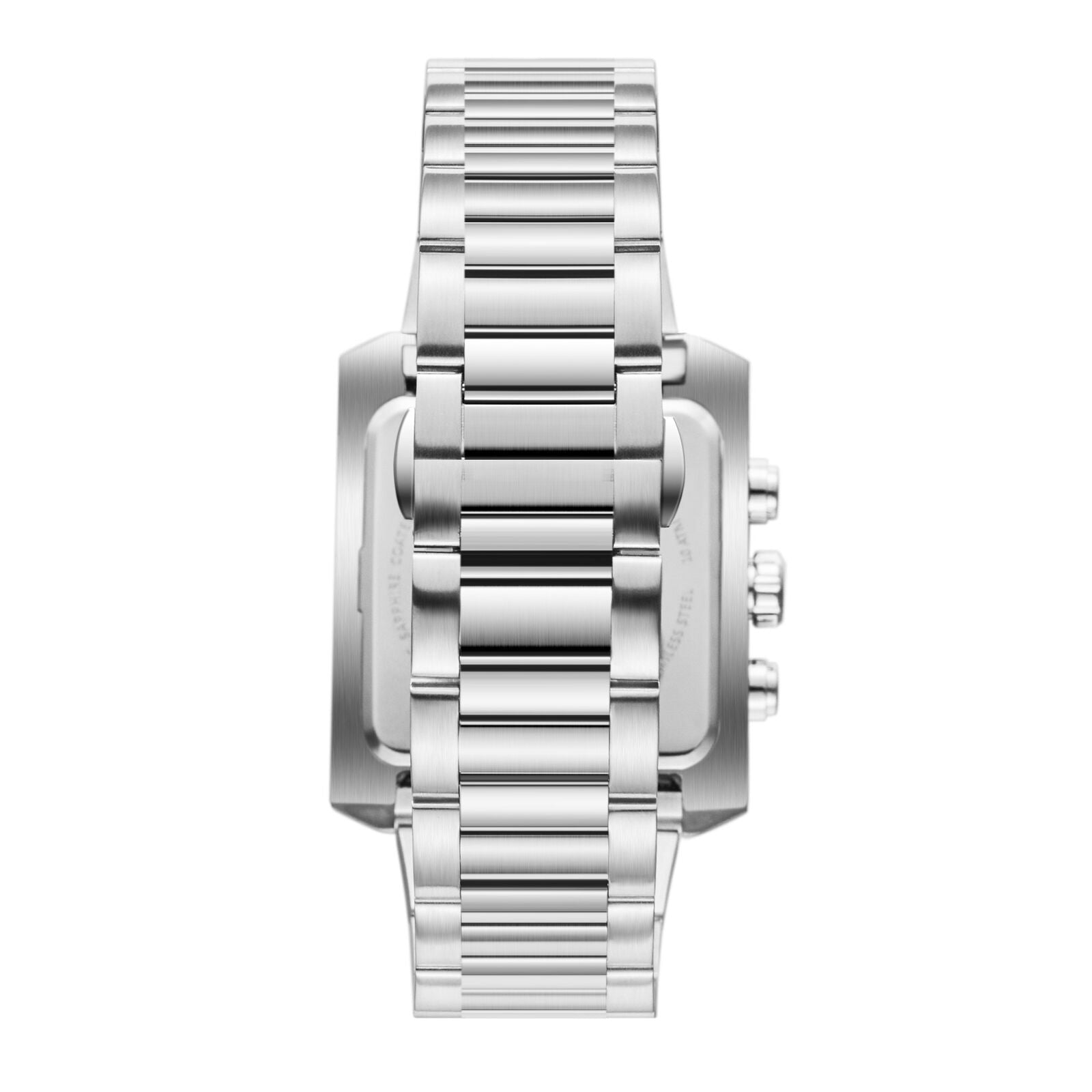Top-down view of rectangular case and polished silver metal bracelet