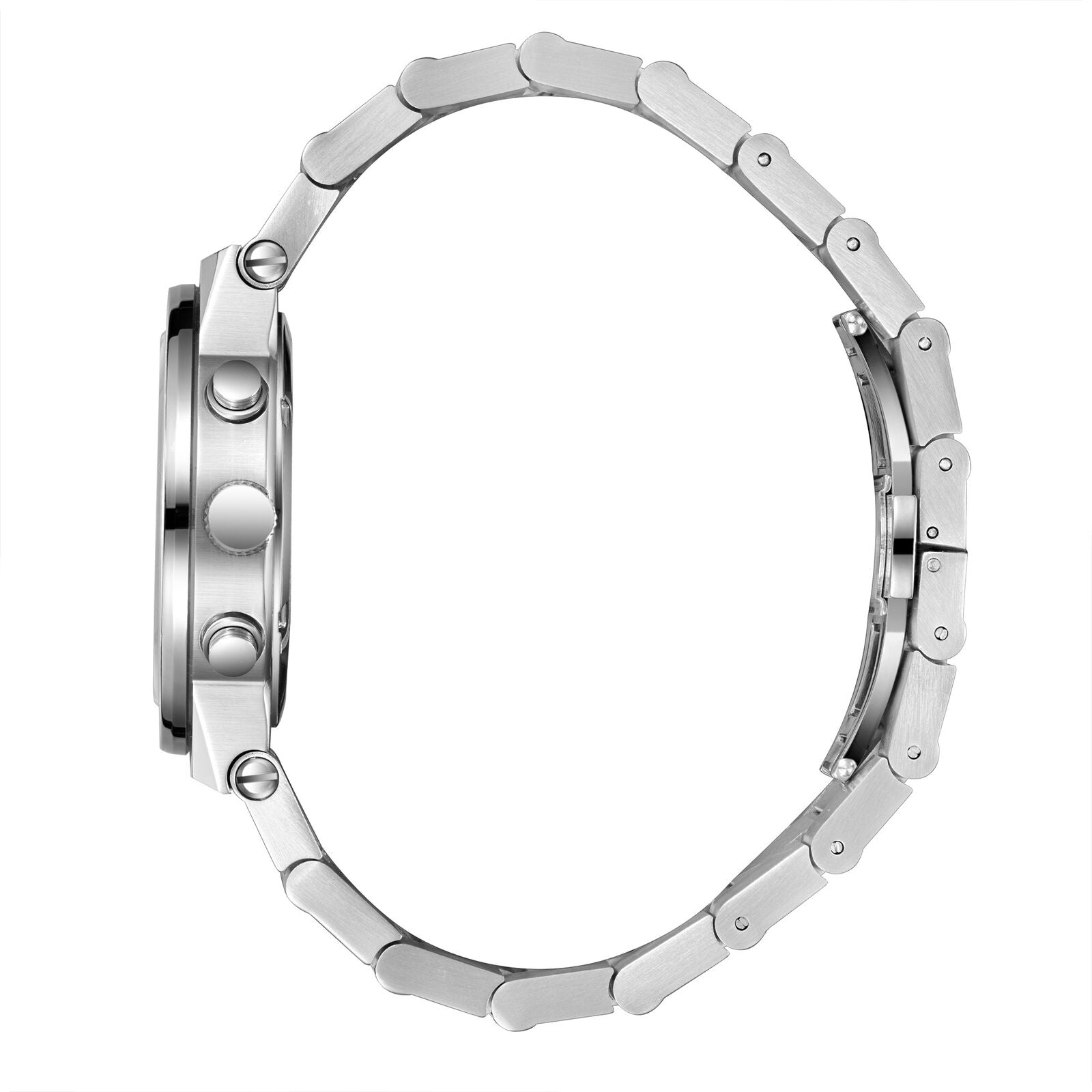 Side view of silver bracelet watch showing case profile and lugs