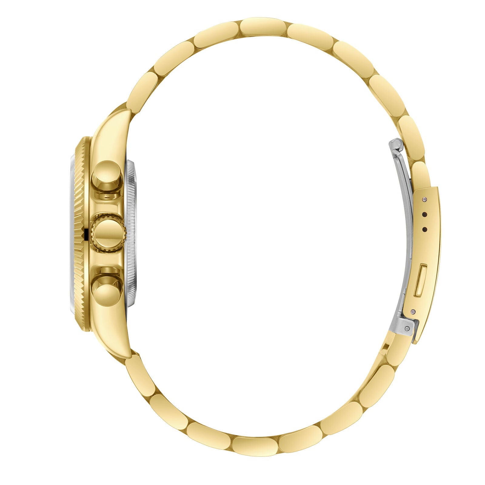 Side view of gold multifunction watch showing case profile and strap links