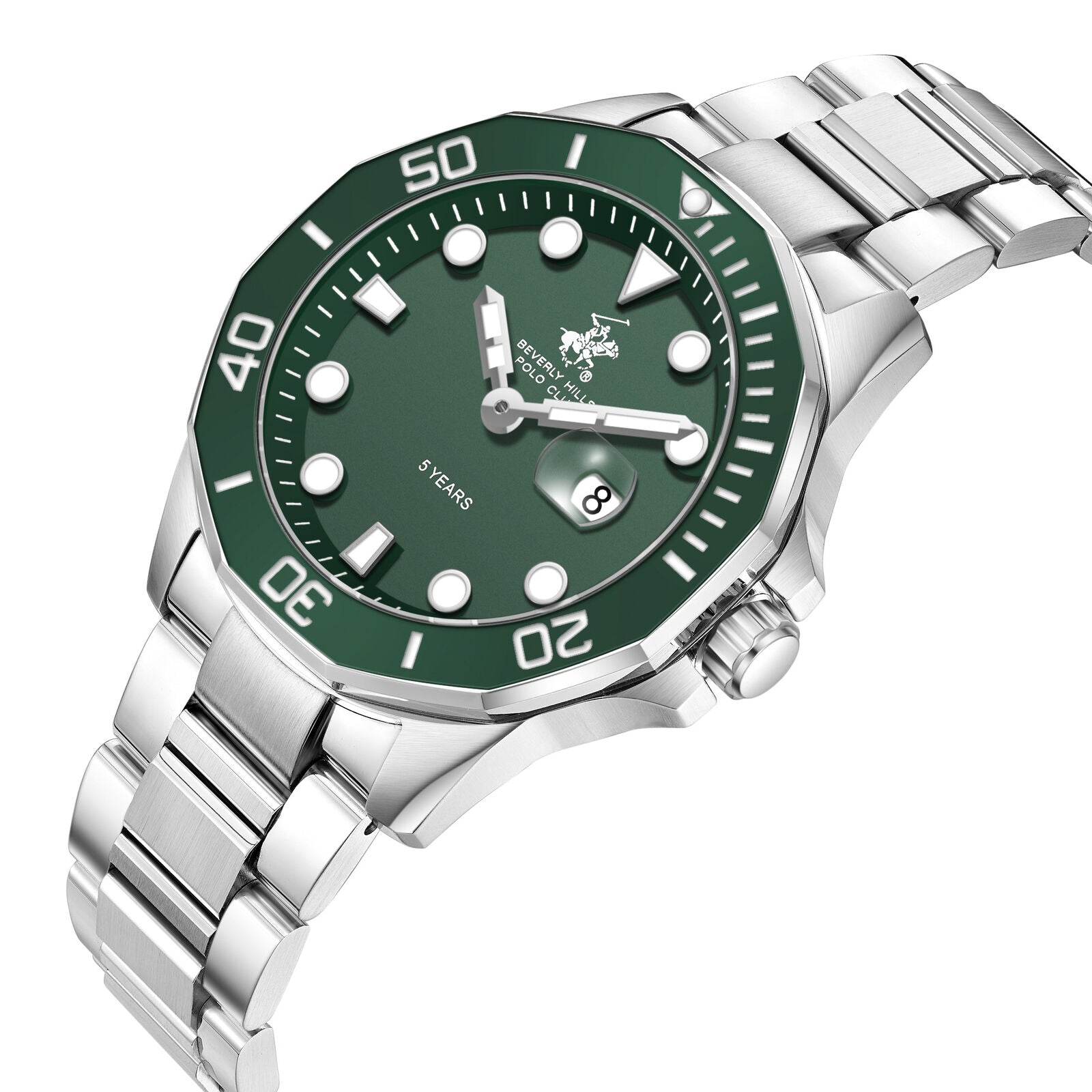Beverly Hills Polo Club watch angled view showing green bezel and silver bracelet detail