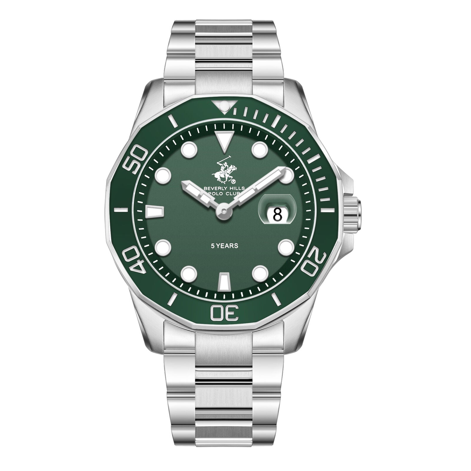 Beverly Hills Polo Club green dial silver watch with date window and stainless steel bracelet