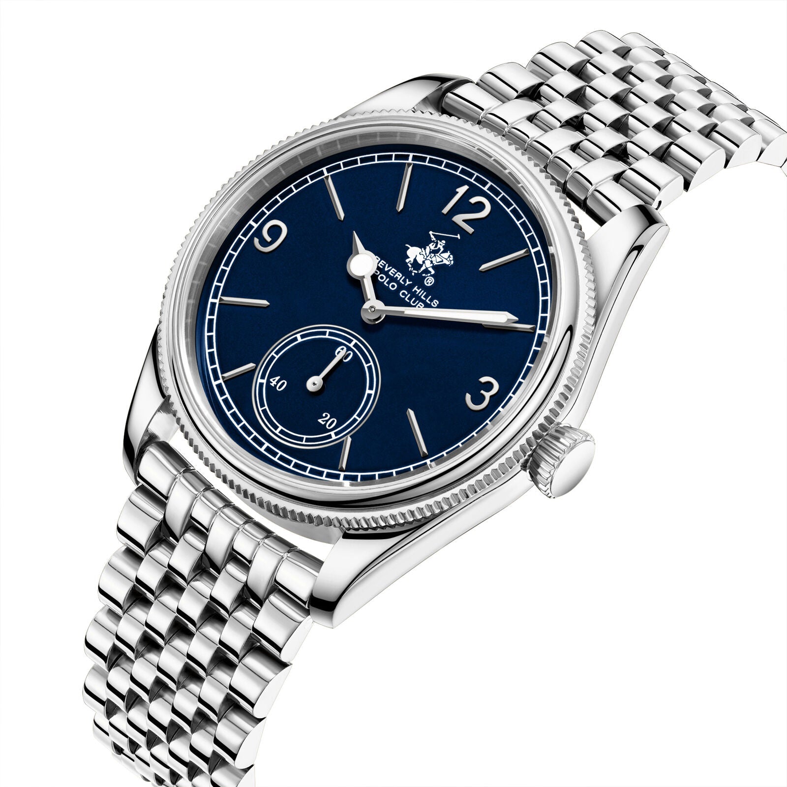 Beverly Hills Polo Club BP3890X.390 watch at angle showing blue dial and bracelet