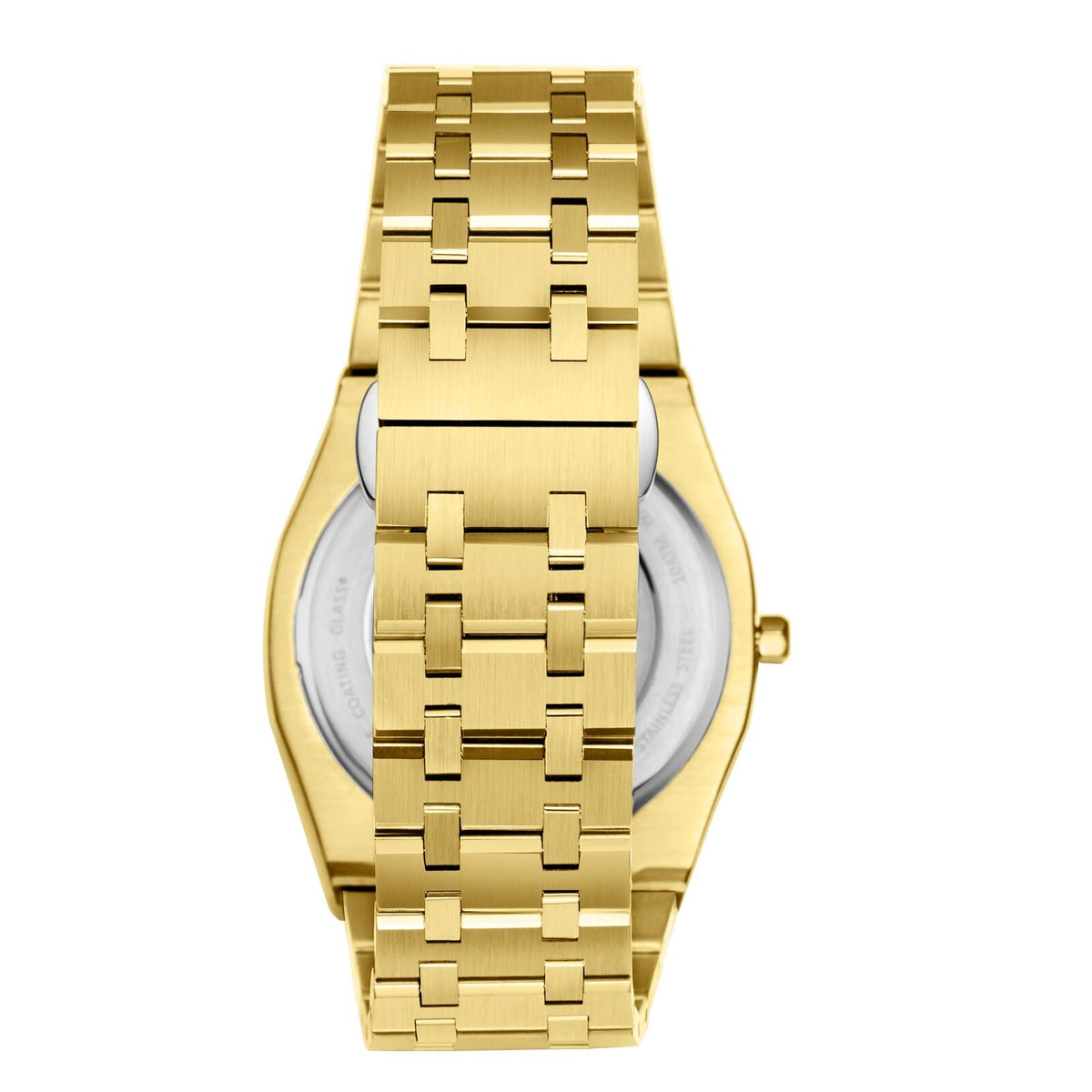 Caseback view of all gold Slim Tech 5 watch showing case and bracelet attachment