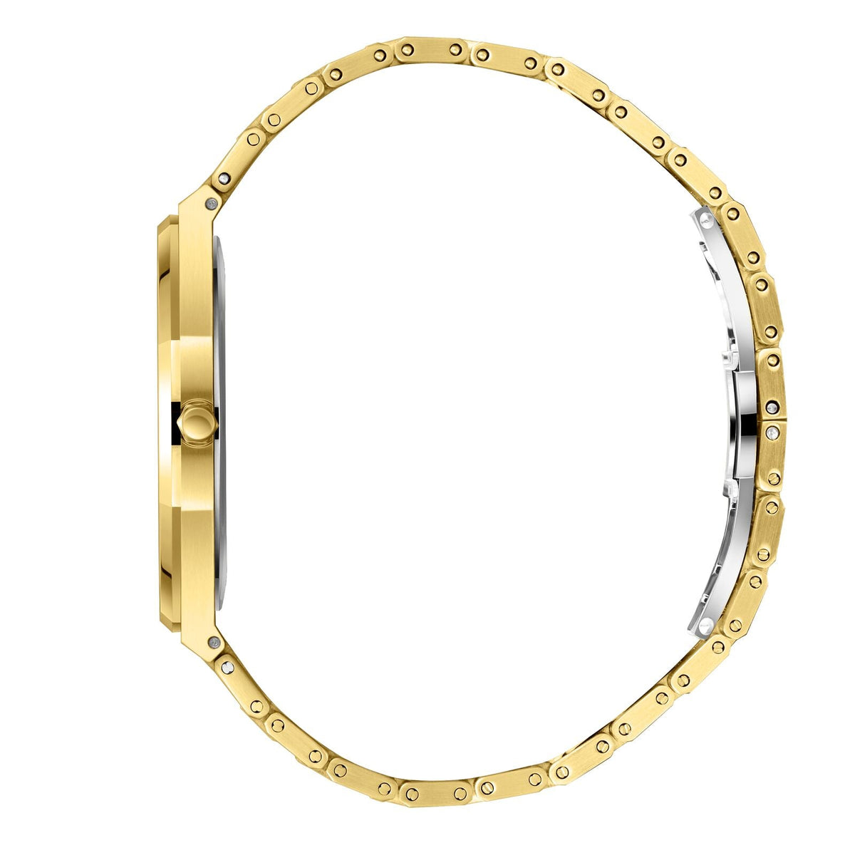 Side profile of gold watch case and bracelet showing thickness and band links