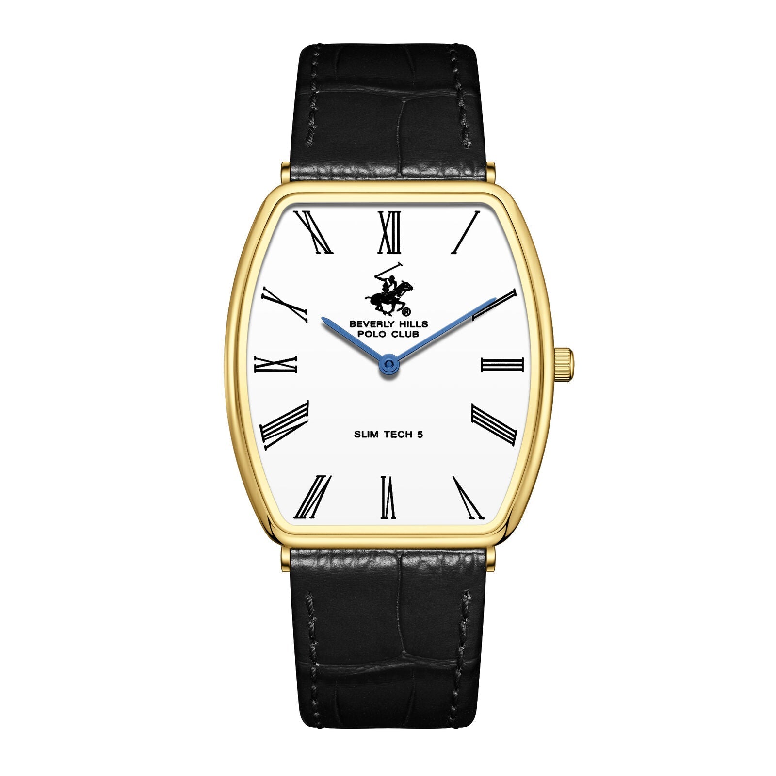 Beverly Hills Polo Club Slim Tech 5 White Dial Black Leather Gold Watch BP3863X.131