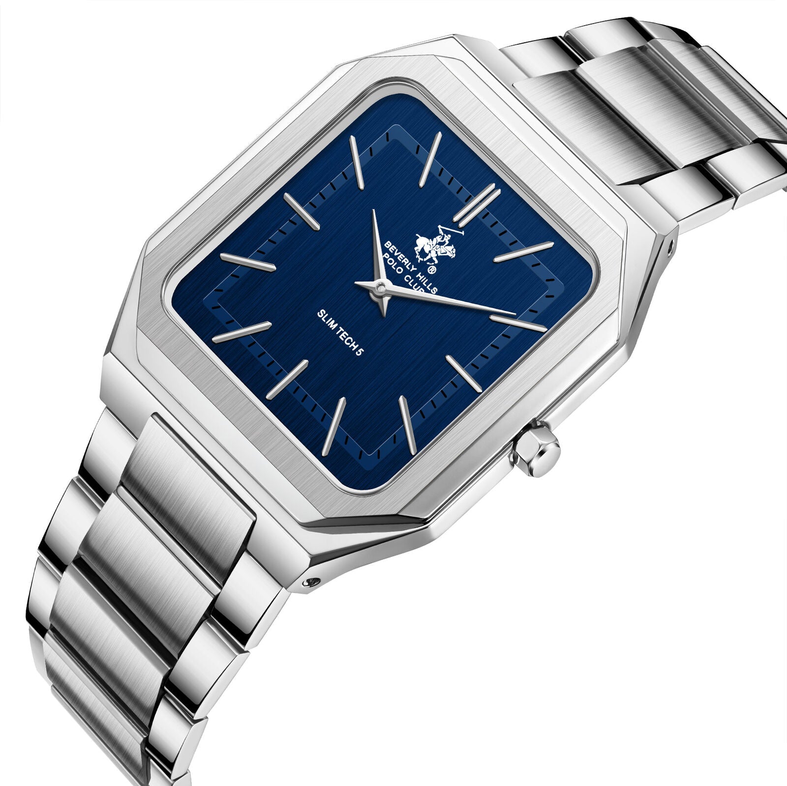Angled view of Slim Tech 5 blue dial watch showing square case and silver metal bracelet