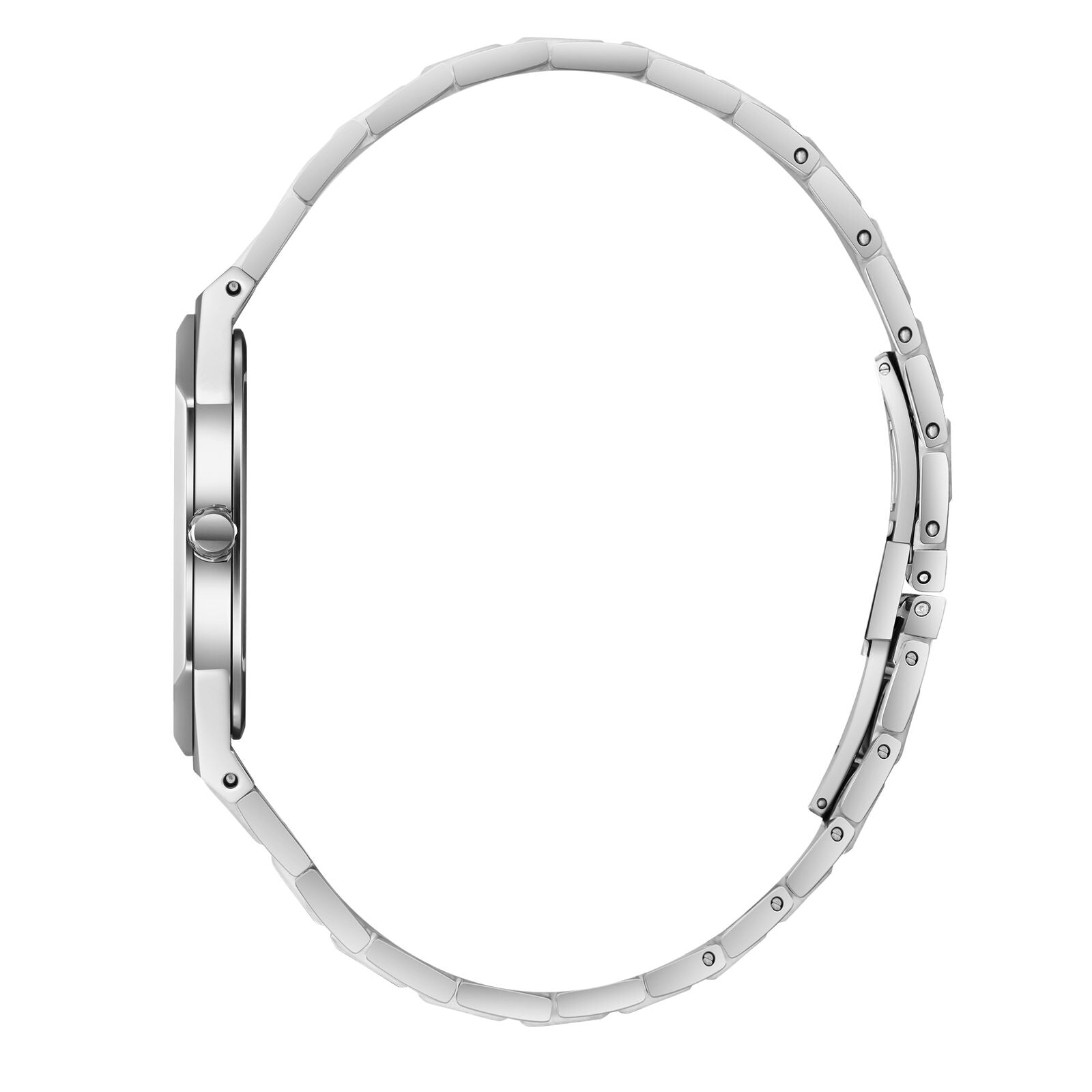 Side profile of Slim Tech 5 watch with silver stainless steel bracelet and crown detail