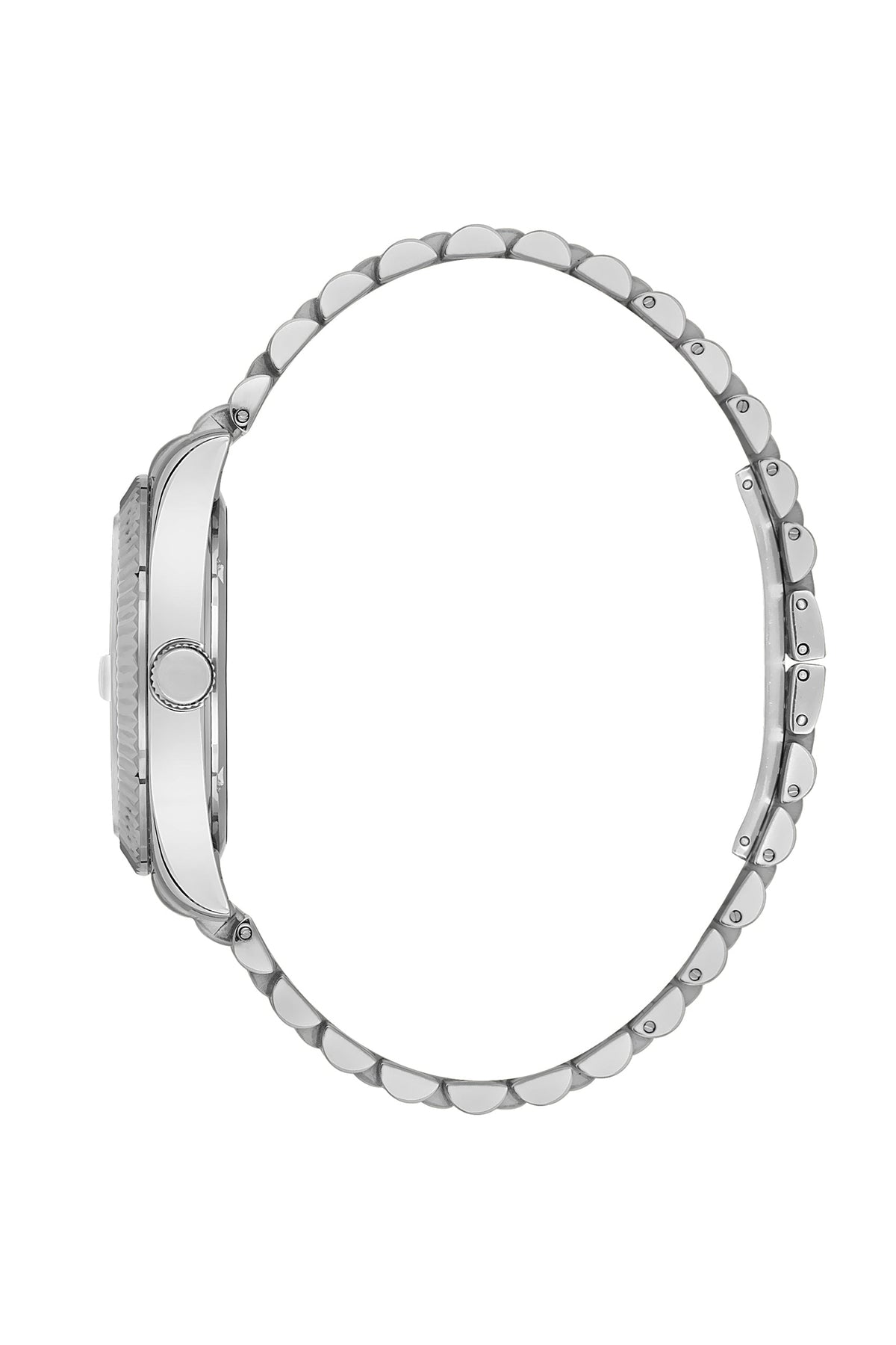 Side view of Beverly Hills Polo Club silver watch showing case profile and bracelet
