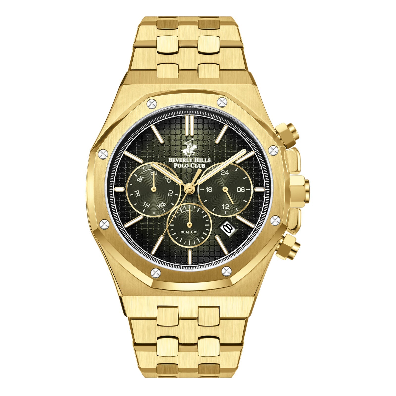 Beverly Hills Polo Club all-gold multifunction watch with black dial, three subdials, and diamond hour markers