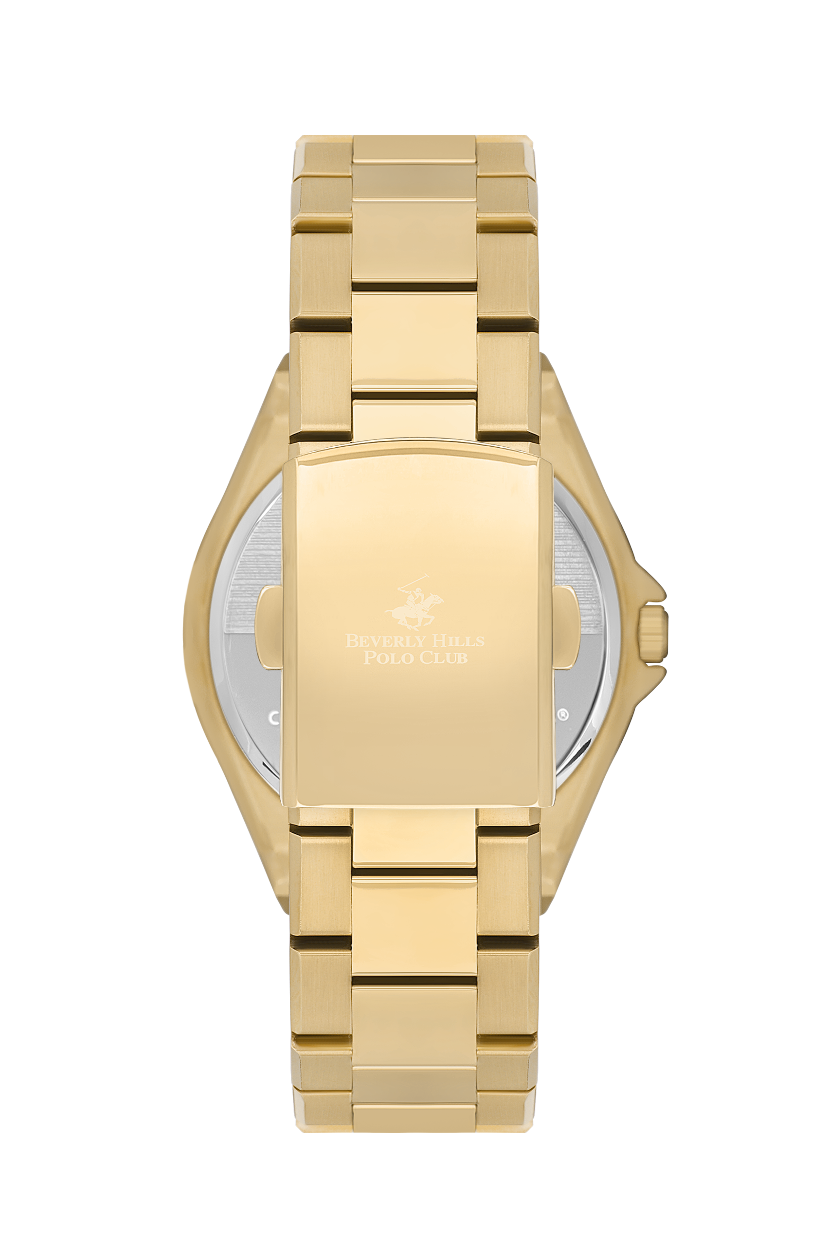 Gold caseback of Beverly Hills Polo Club watch with engraved branding