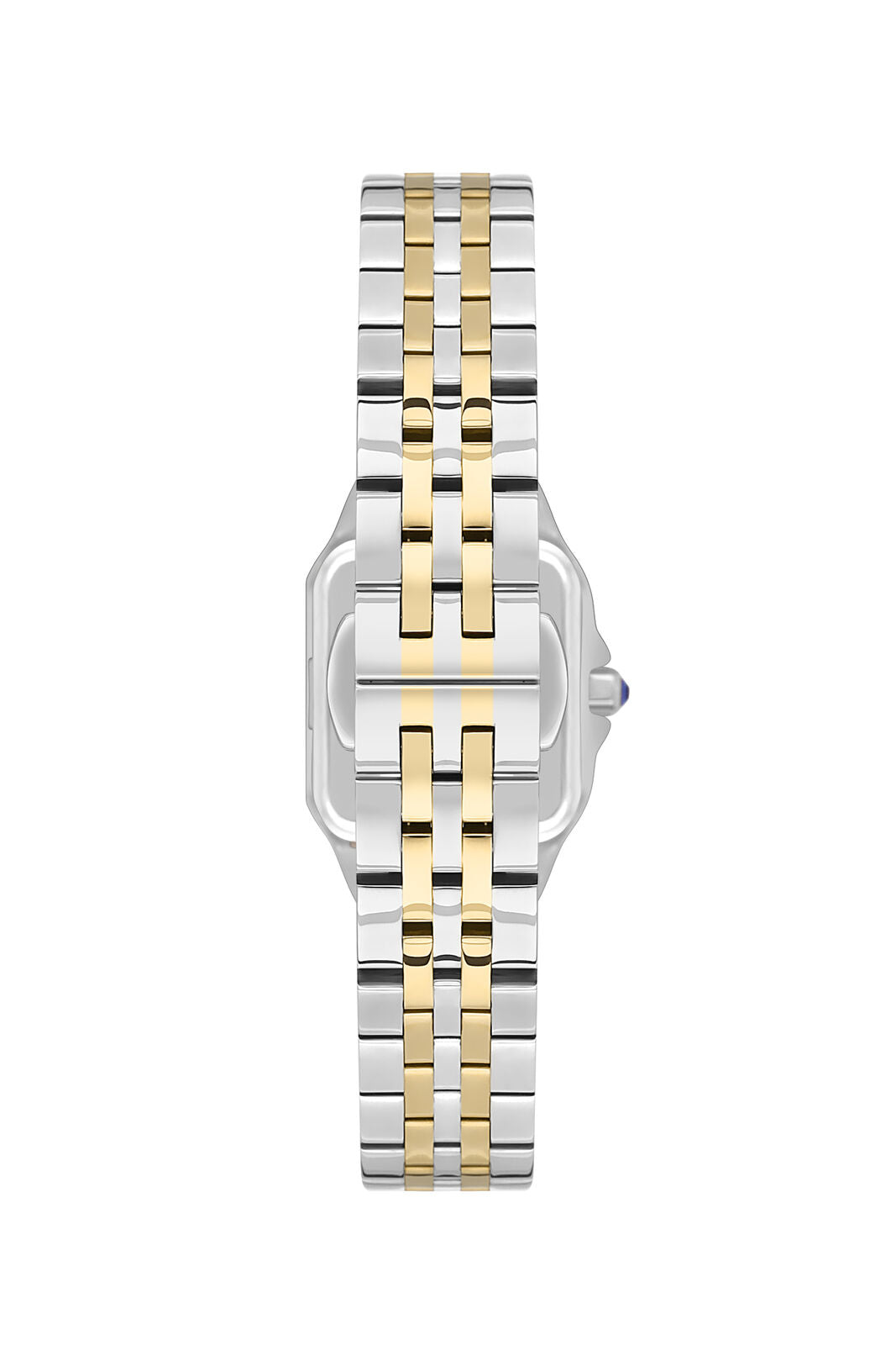 Beverly Hills Polo Club square watch angled view showing two-tone case and integrated bracelet