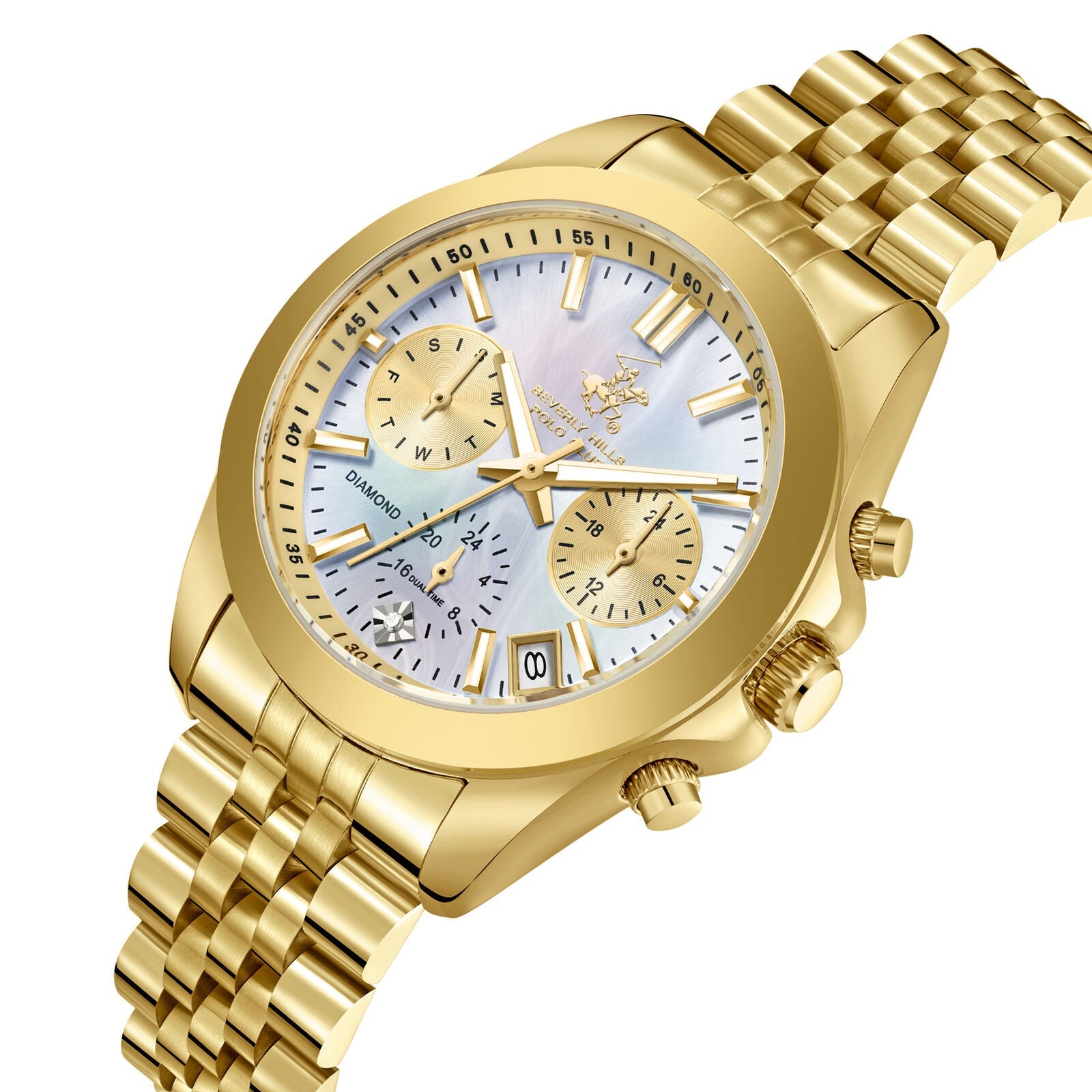 Gold chronograph watch at angle showing mother-of-pearl dial with subdials and date window