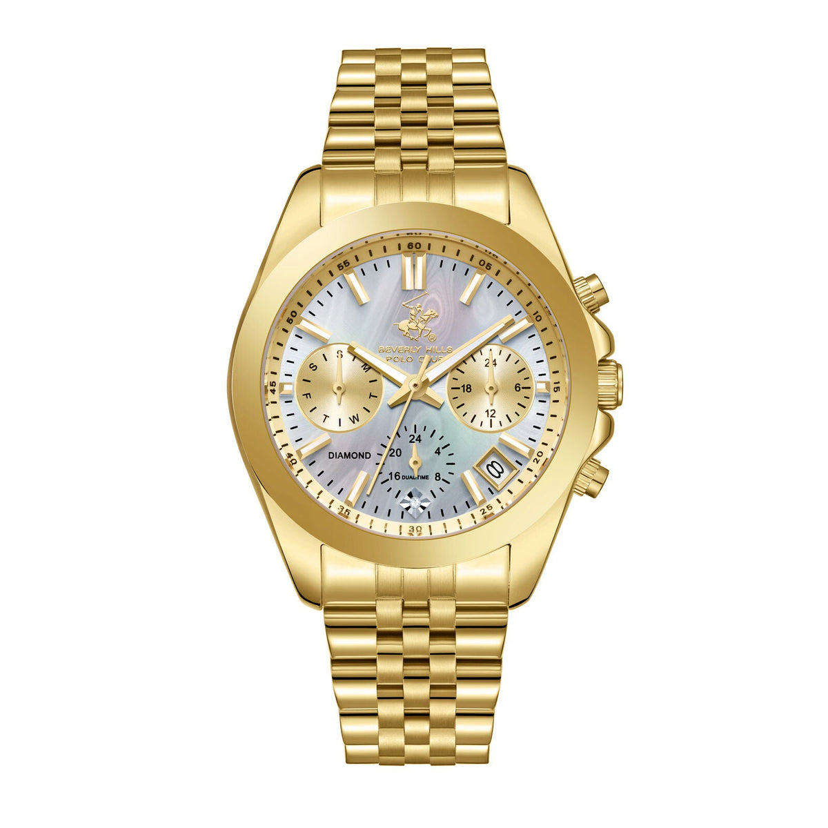 Beverly Hills Polo Club gold chronograph watch with mother-of-pearl dial and diamond hour markers