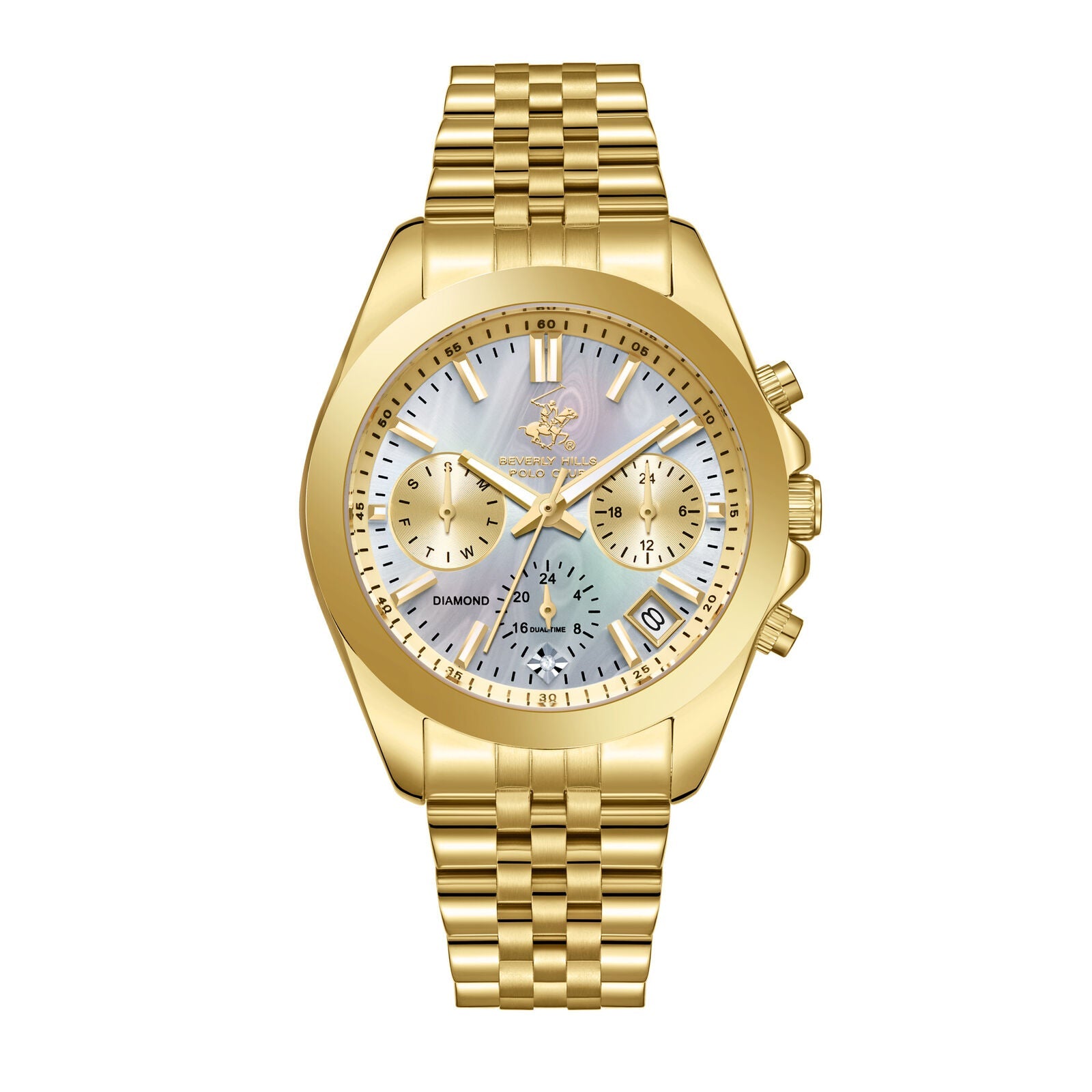 Beverly Hills Polo Club gold chronograph watch with mother-of-pearl dial and diamond hour markers