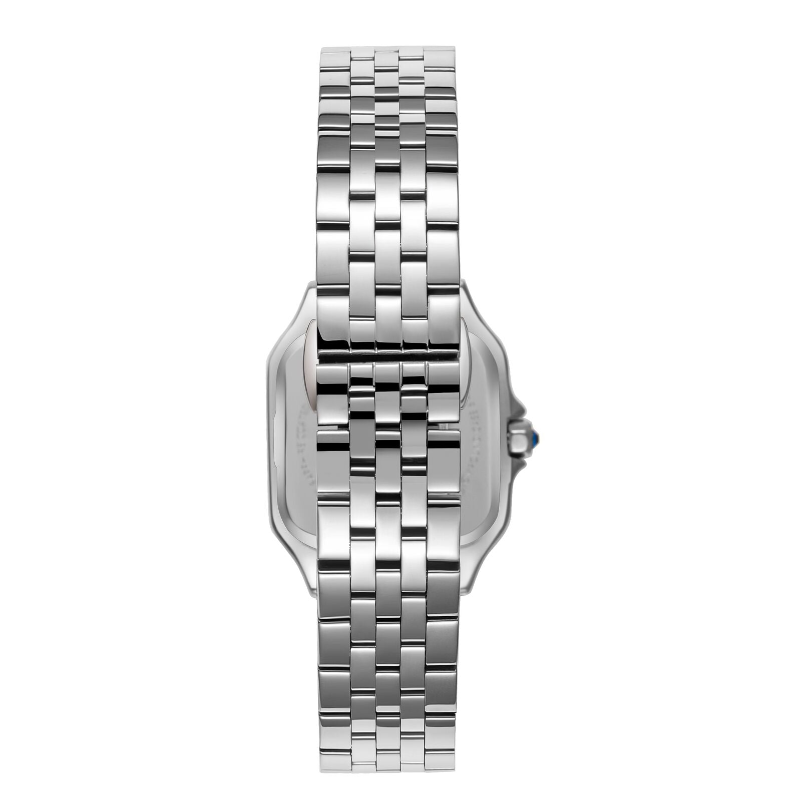 Silver bracelet detail of Beverly Hills Polo Club square watch with blue crown accent