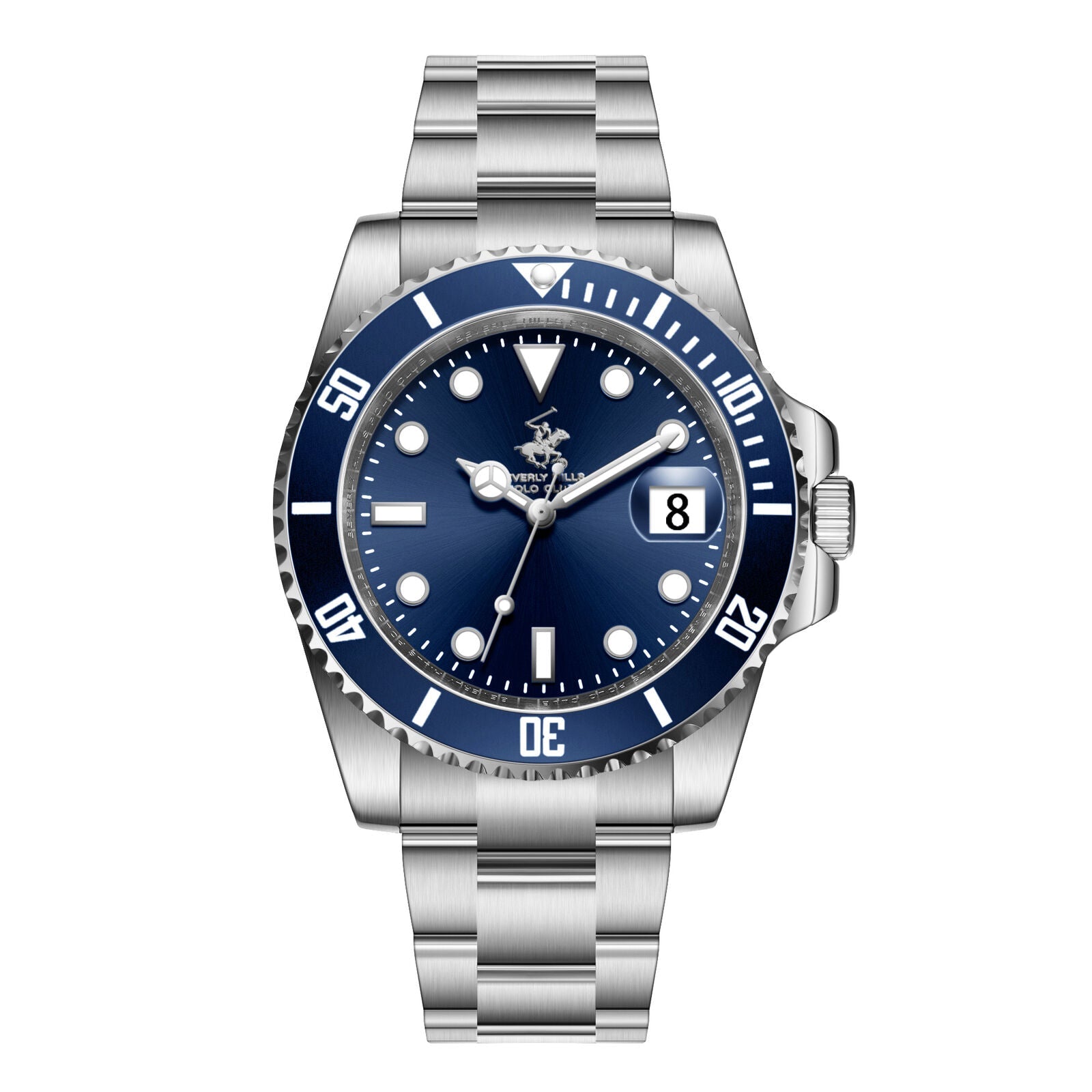 Beverly Hills Polo Club BP3791X watch with blue dial, white hour markers, date window, and silver stainless steel bracelet