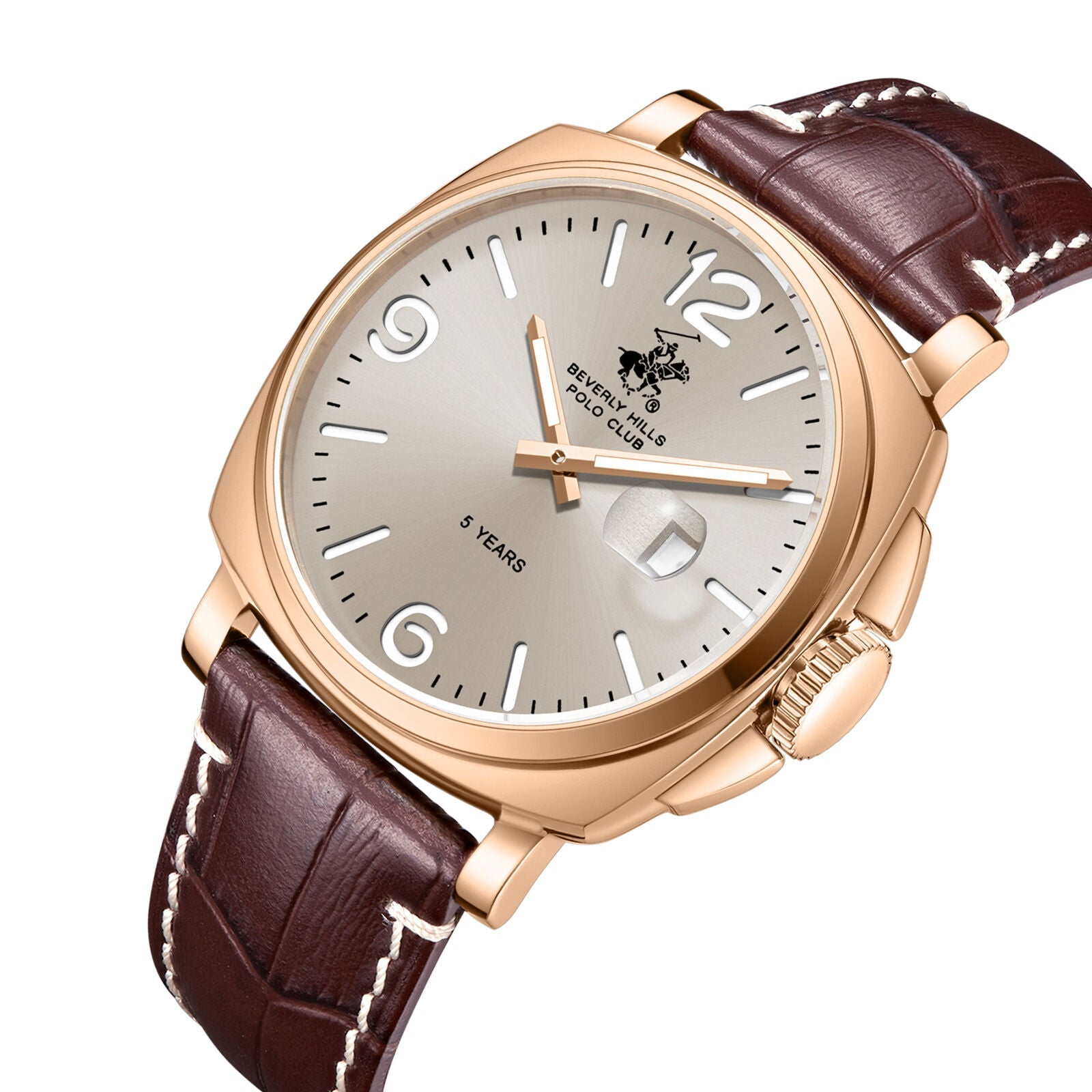 BHPC BP3867X.162 angled view showing rose gold case, silver dial, and red leather strap