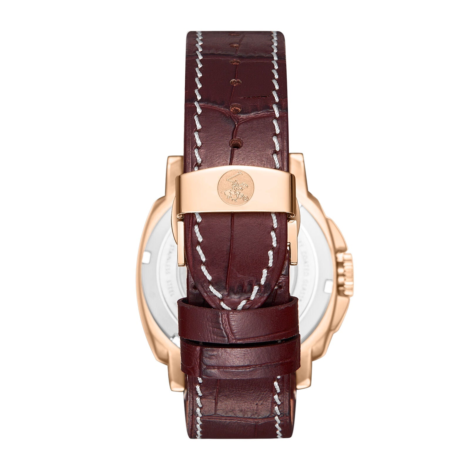 BHPC BP3867X.162 caseback showing rose gold case with red leather strap and deployment clasp