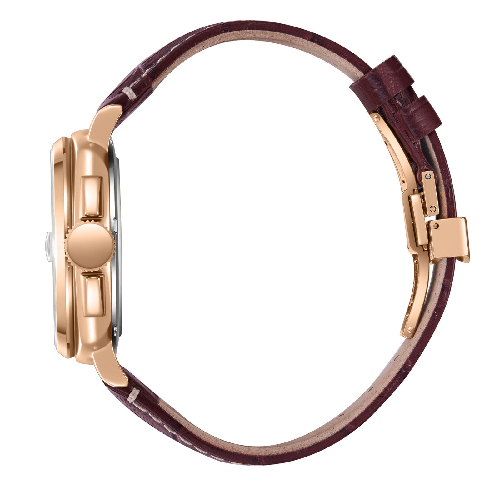 BHPC BP3867X.162 side view of rose gold case with burgundy leather strap and deployment clasp