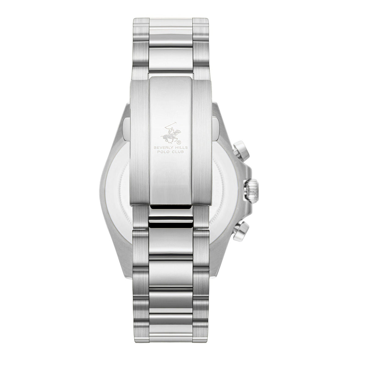 Beverly Hills Polo Club BP3874X.390 caseback displaying beverly hills polo club logo on brushed silver stainless steel