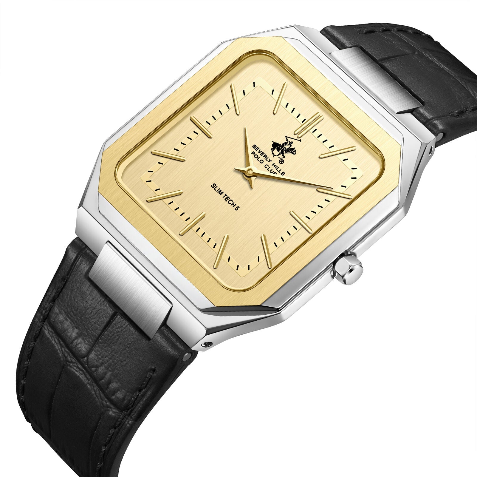 Three-quarter view of Slim Tech 5 gold dial watch with two-tone case and black leather strap