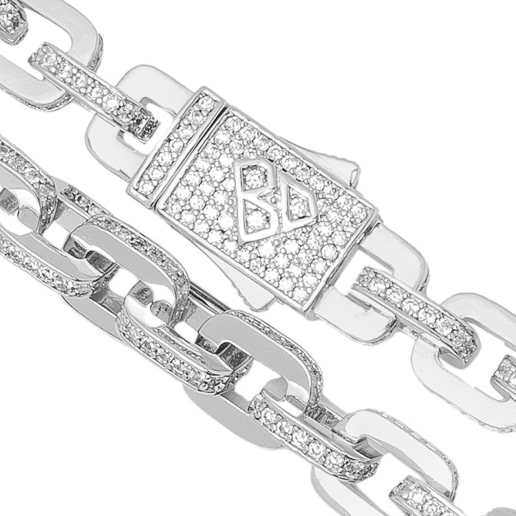 Close-up detail of iced out diamond cubic zirconia stones on chain links