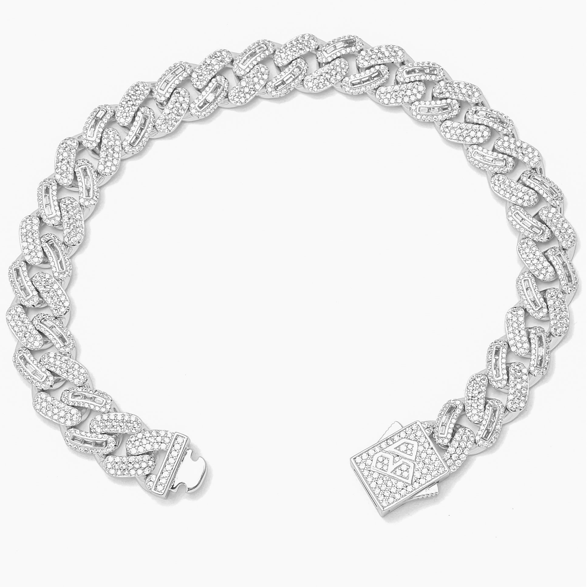 10mm baguette iced out silver bracelet displayed open showing clasp closure