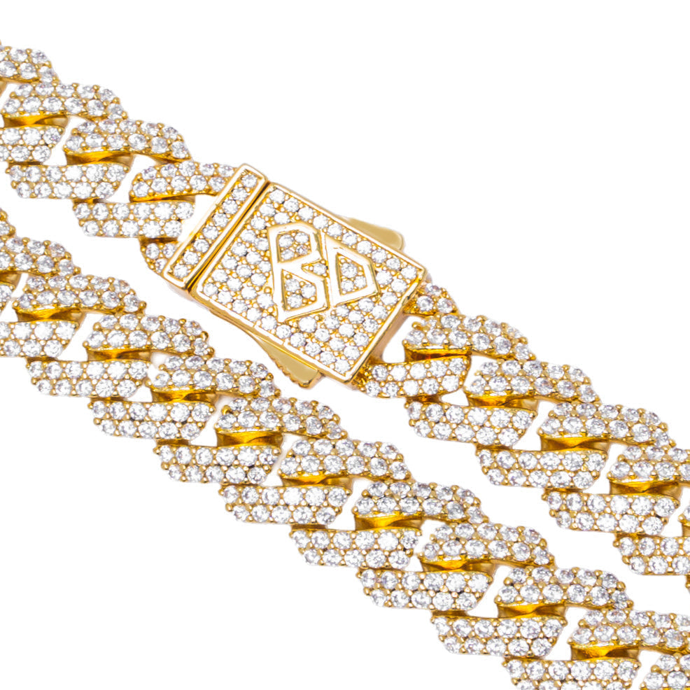 10MM Cuban chain with diamond iced out design and gold clasp detail