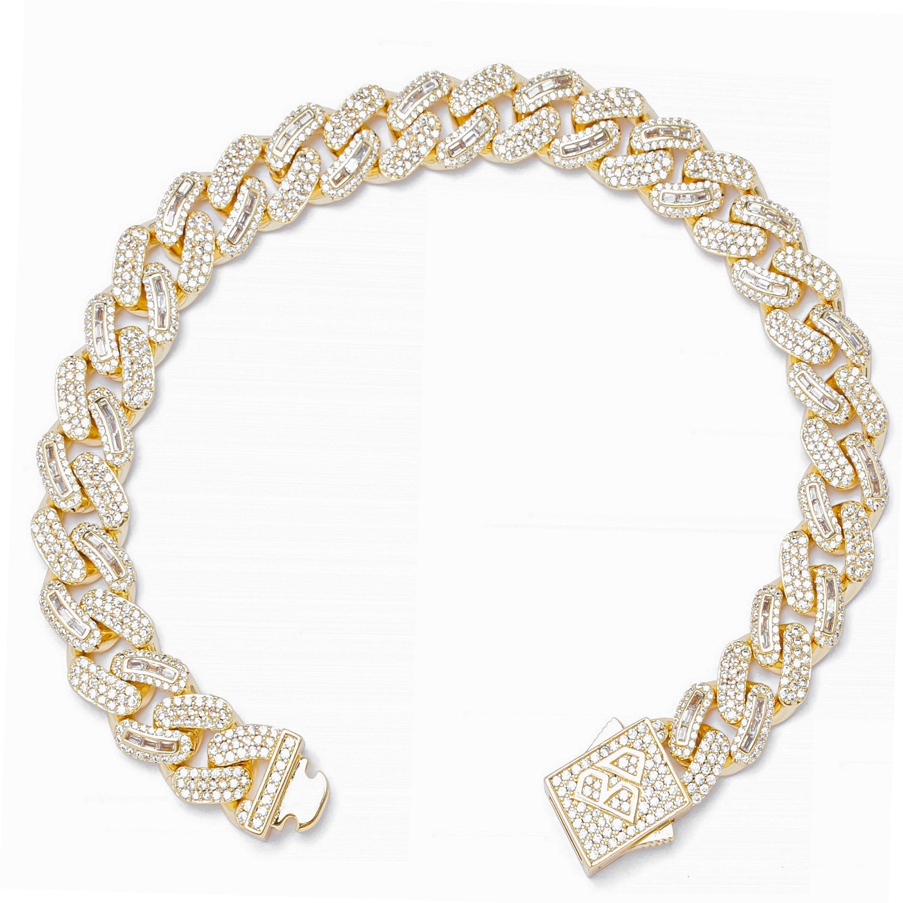 10MM Big Daddy gold bracelet showing open clasp and full length of diamond-encrusted Cuban link chain