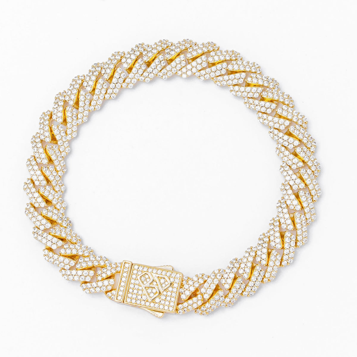10mm straight edge Cuban diamond gold bracelet with box clasp, iced out design