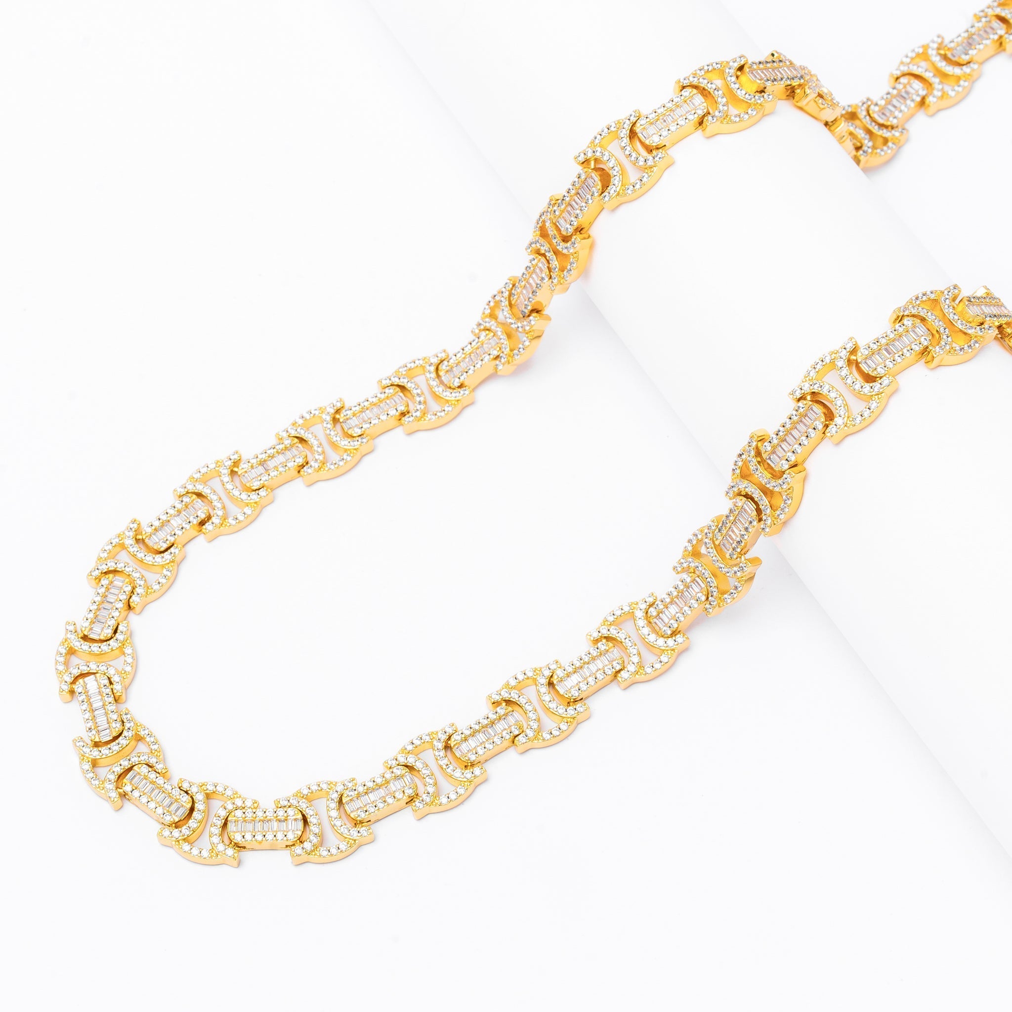 Full length view of Big Daddy 12MM Byzantine gold chain with iced out crystal settings