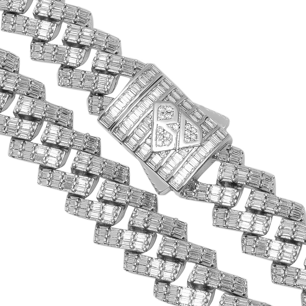 Big Daddy 12MM baguette Cuban diamond silver chain with clasp detail