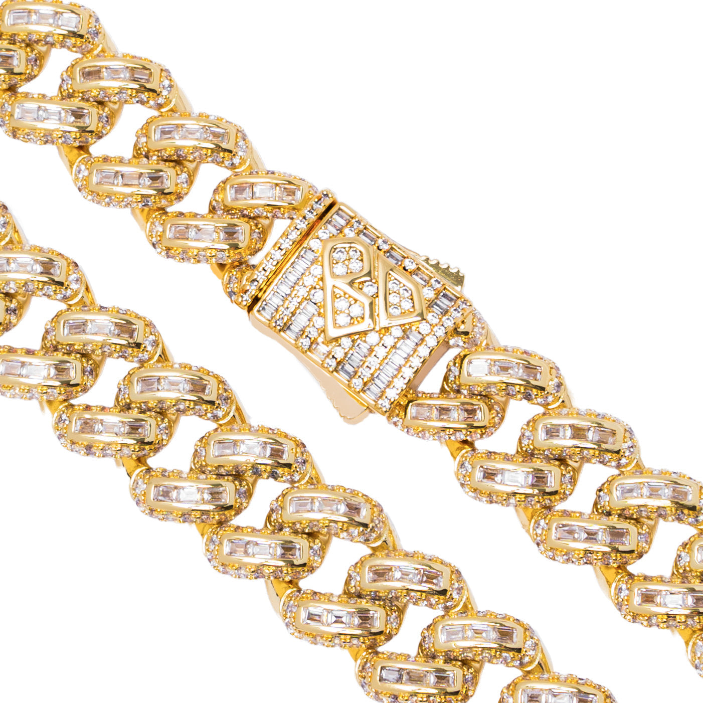 Close-up detail of 12MM baguette Cuban link segments and rectangular clasp with crystal icing