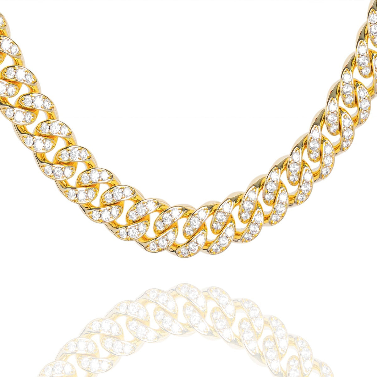 12MM gold Cuban link chain with cubic zirconia iced out design