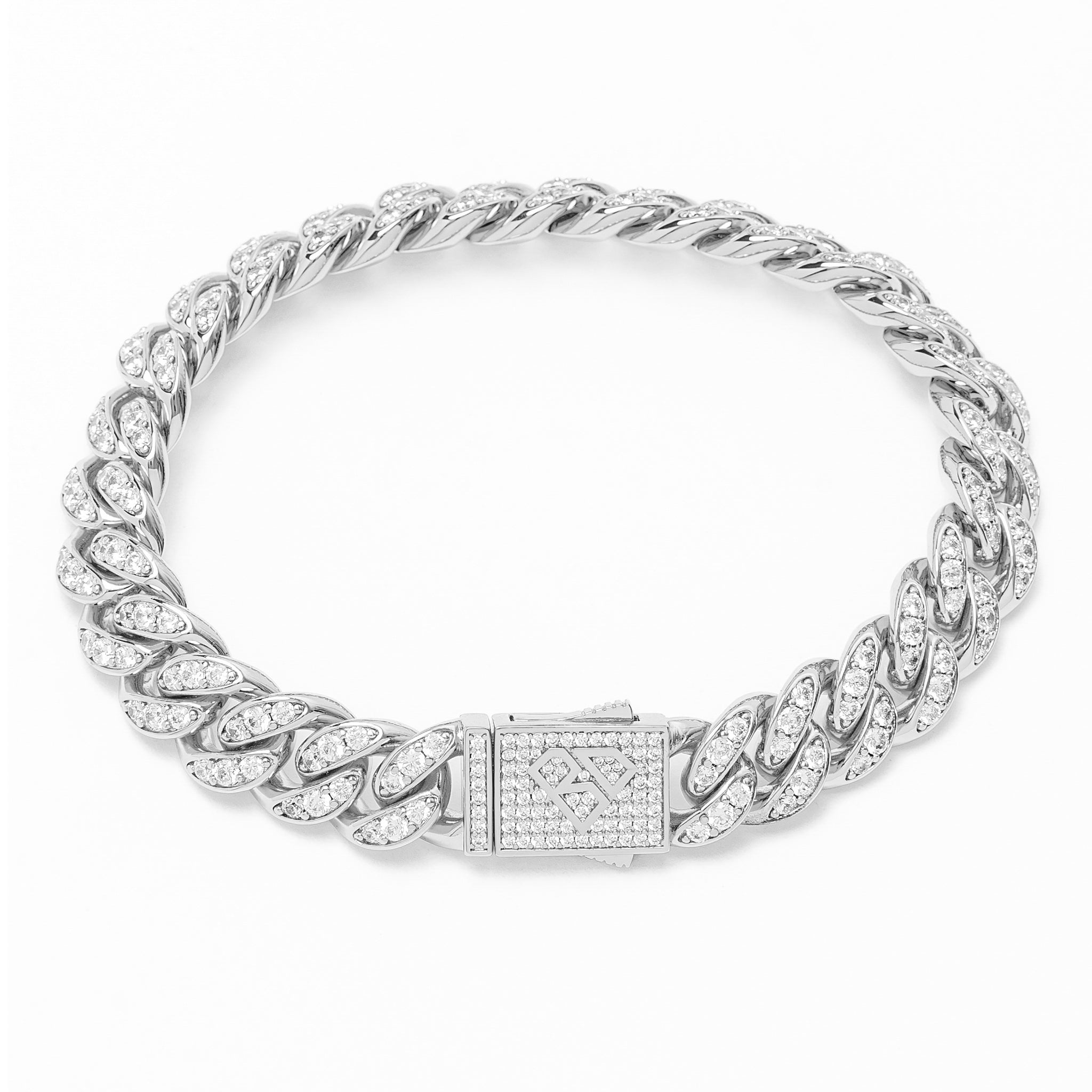 Silver Cuban link bracelet with rhinestone pave coverage and box clasp fastener