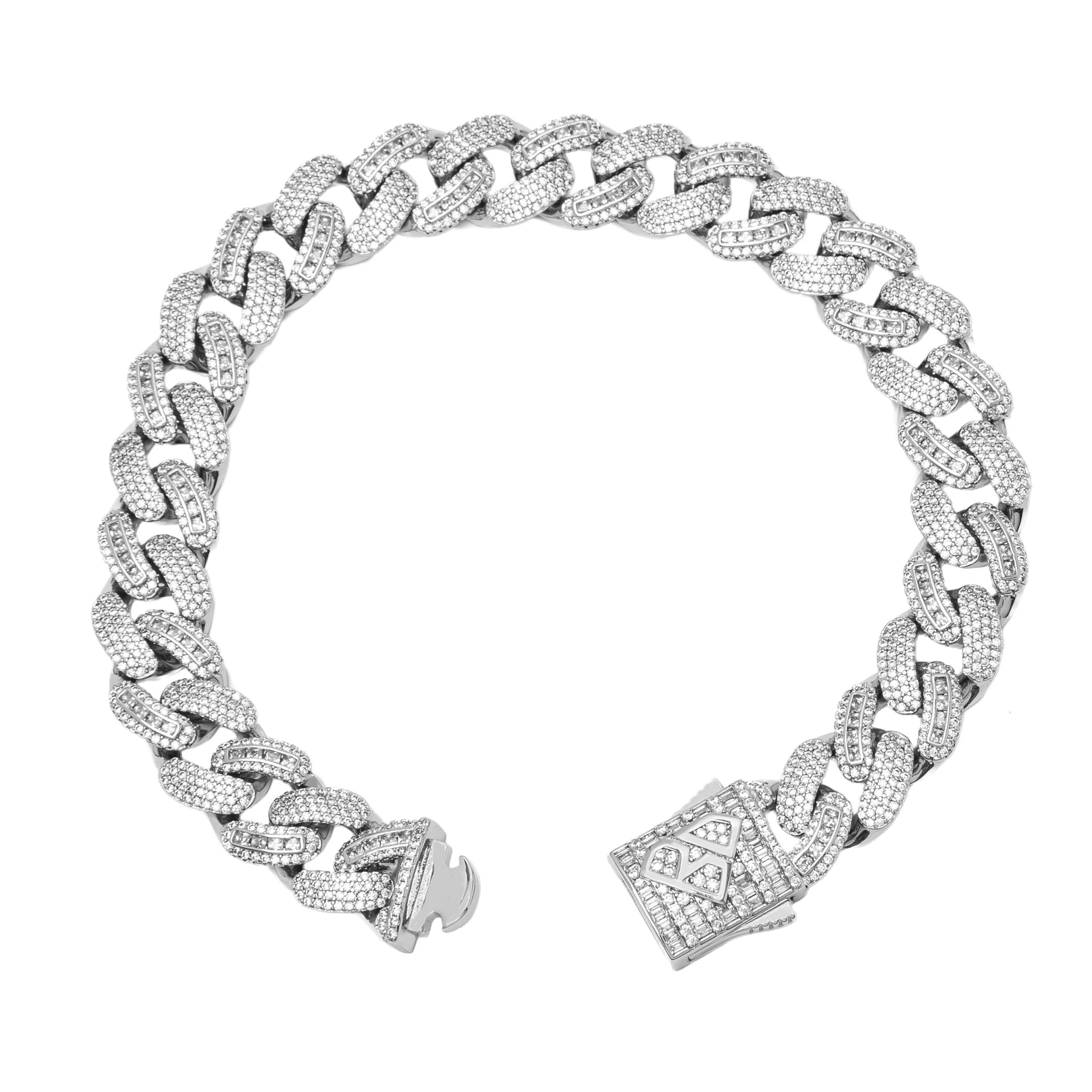 Big Daddy 12MM Cuban silver bracelet open clasp detail showing iced out baguette link design