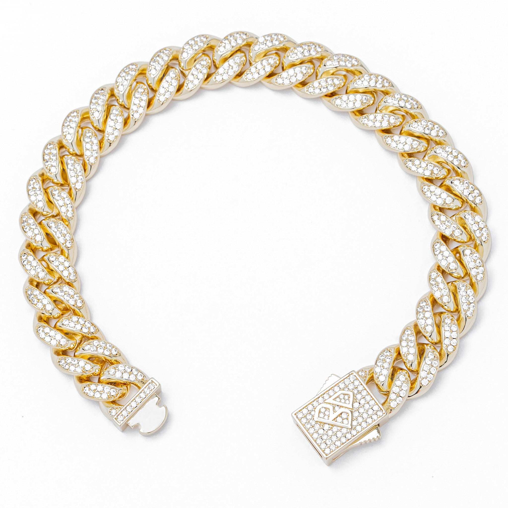 Angled view of Big Daddy gold Cuban link bracelet showing diamond pave detail and clasp