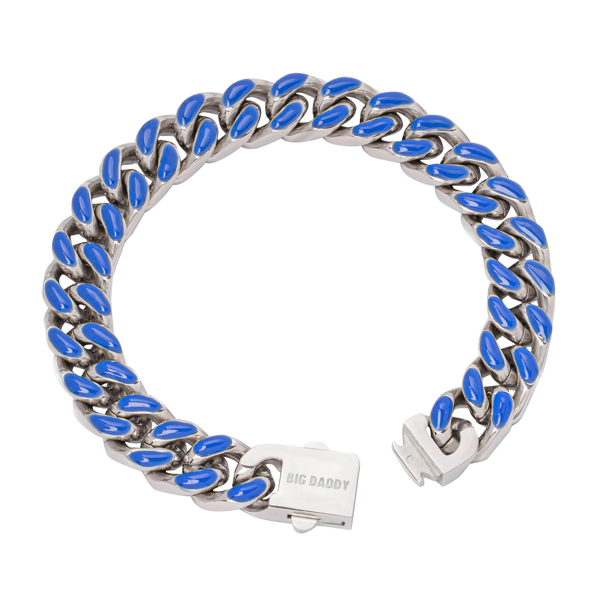 Side angle view of blue enamel Cuban chain bracelet with steel clasp