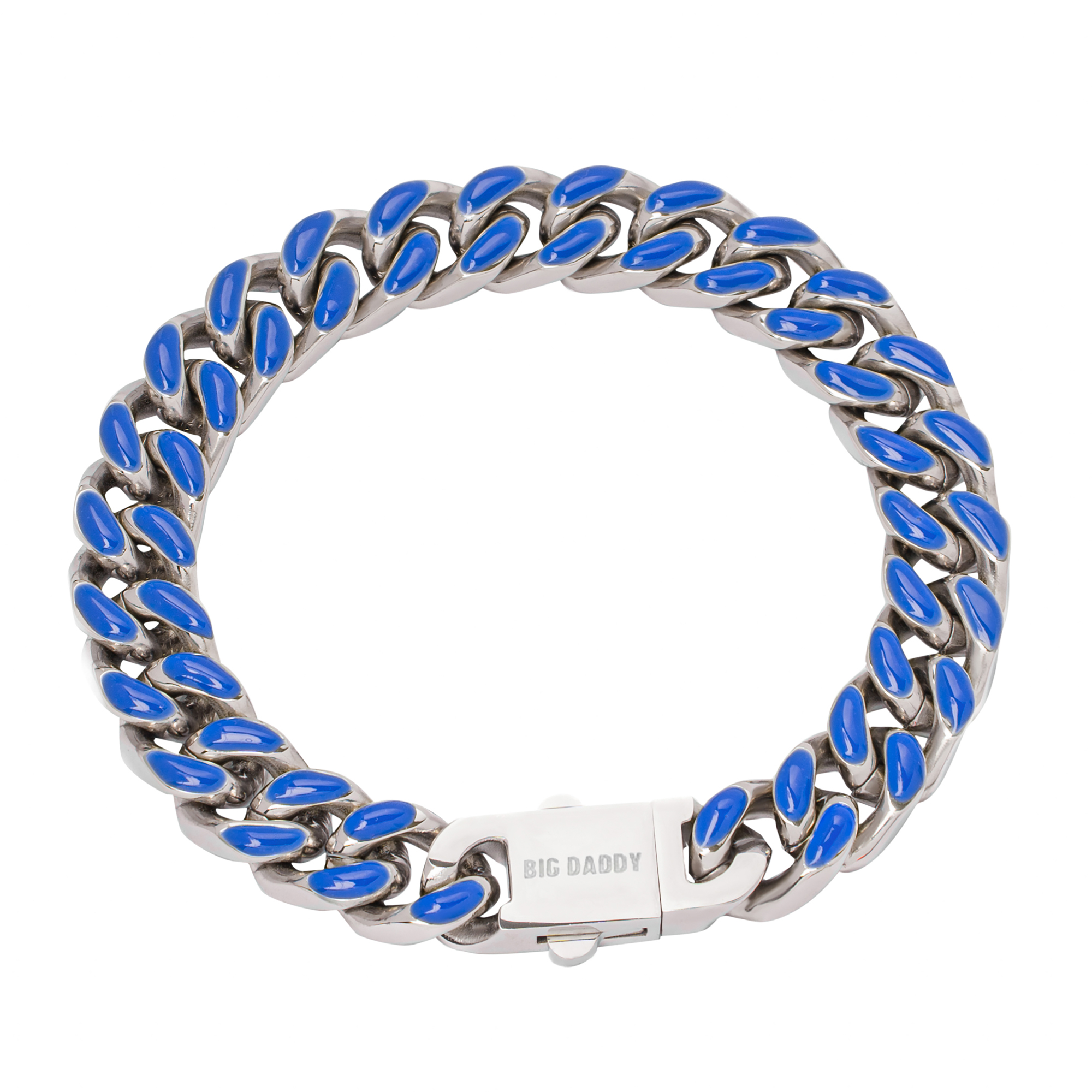 13MM blue enamel Cuban link bracelet with steel construction and box clasp