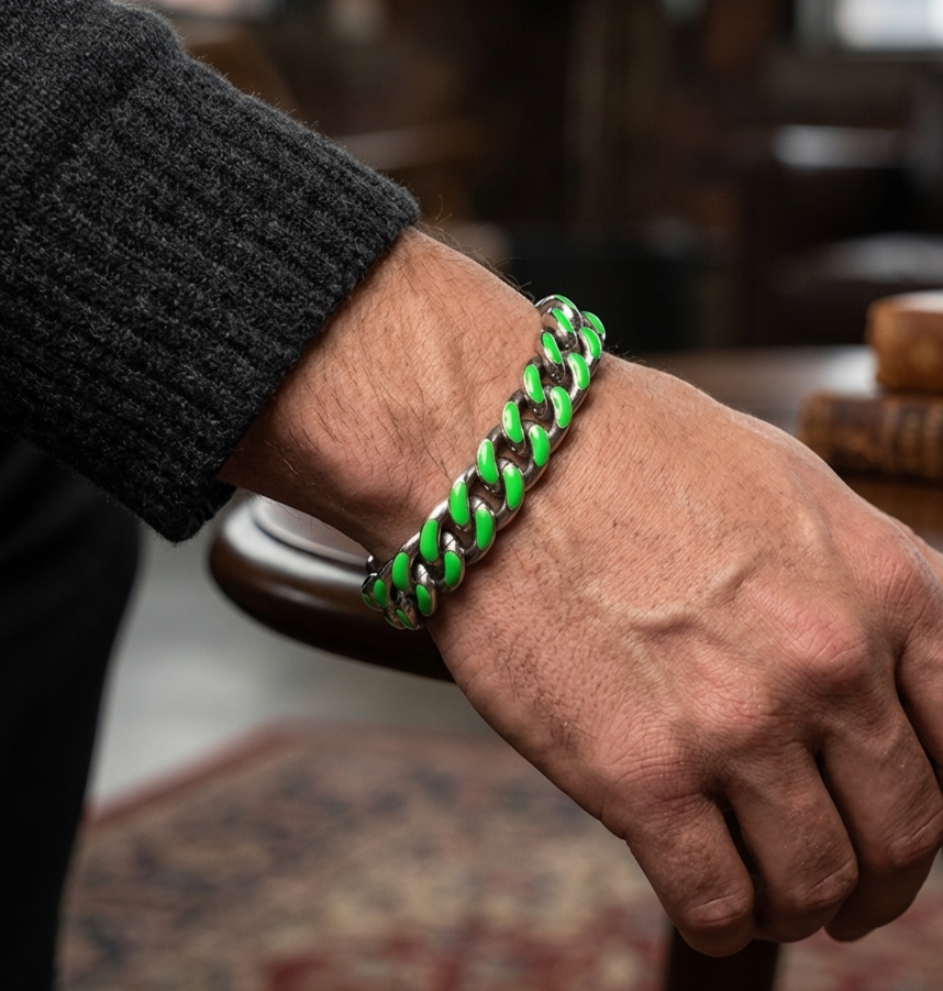 Big Daddy 13MM Enamel Green Steel Cuban Bracelet