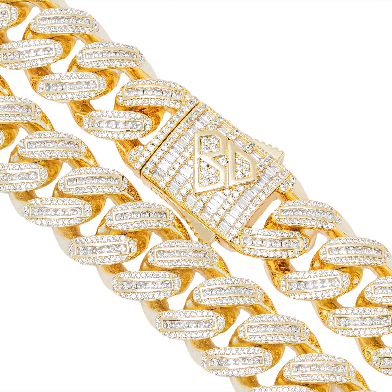 Close-up angle view of 18MM Cuban link chain showing baguette diamonds and diamond clasp