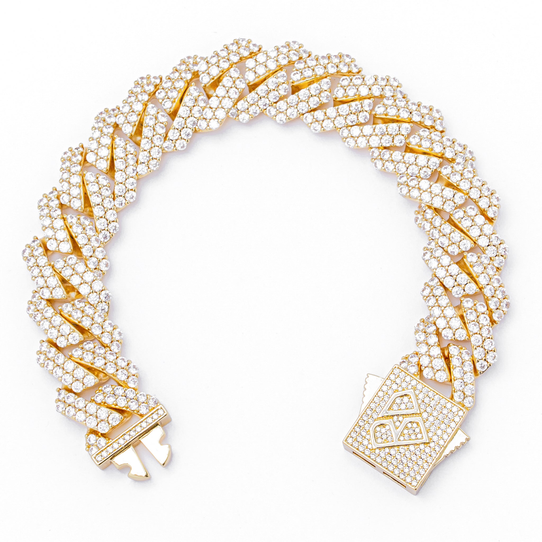 19MM Cuban link diamond bracelet in gold showcasing link texture and diamond encrusted chain