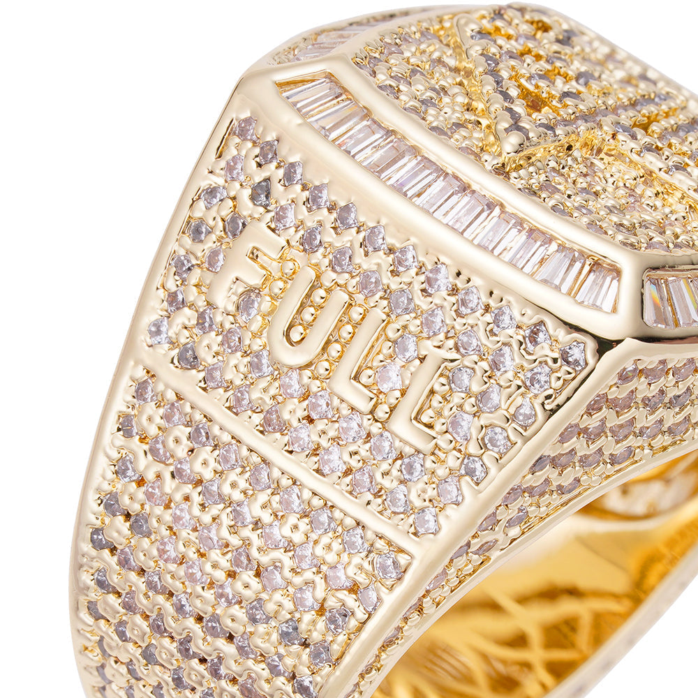 Close-up angle view of Big Daddy ring showing baguette crystal detailing and text design