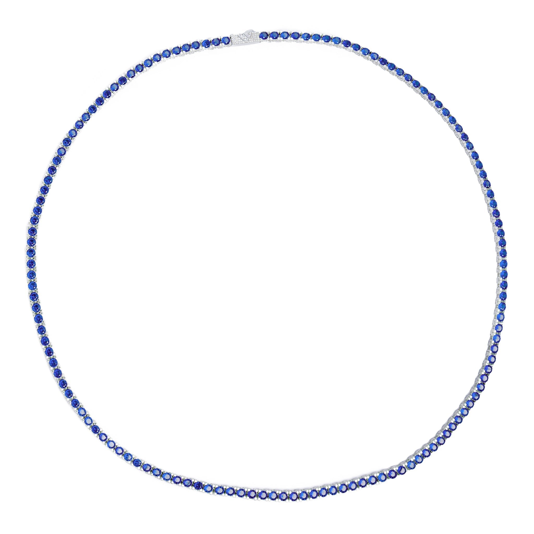 Full length view of Big Daddy 4MM blue and silver tennis chain necklace