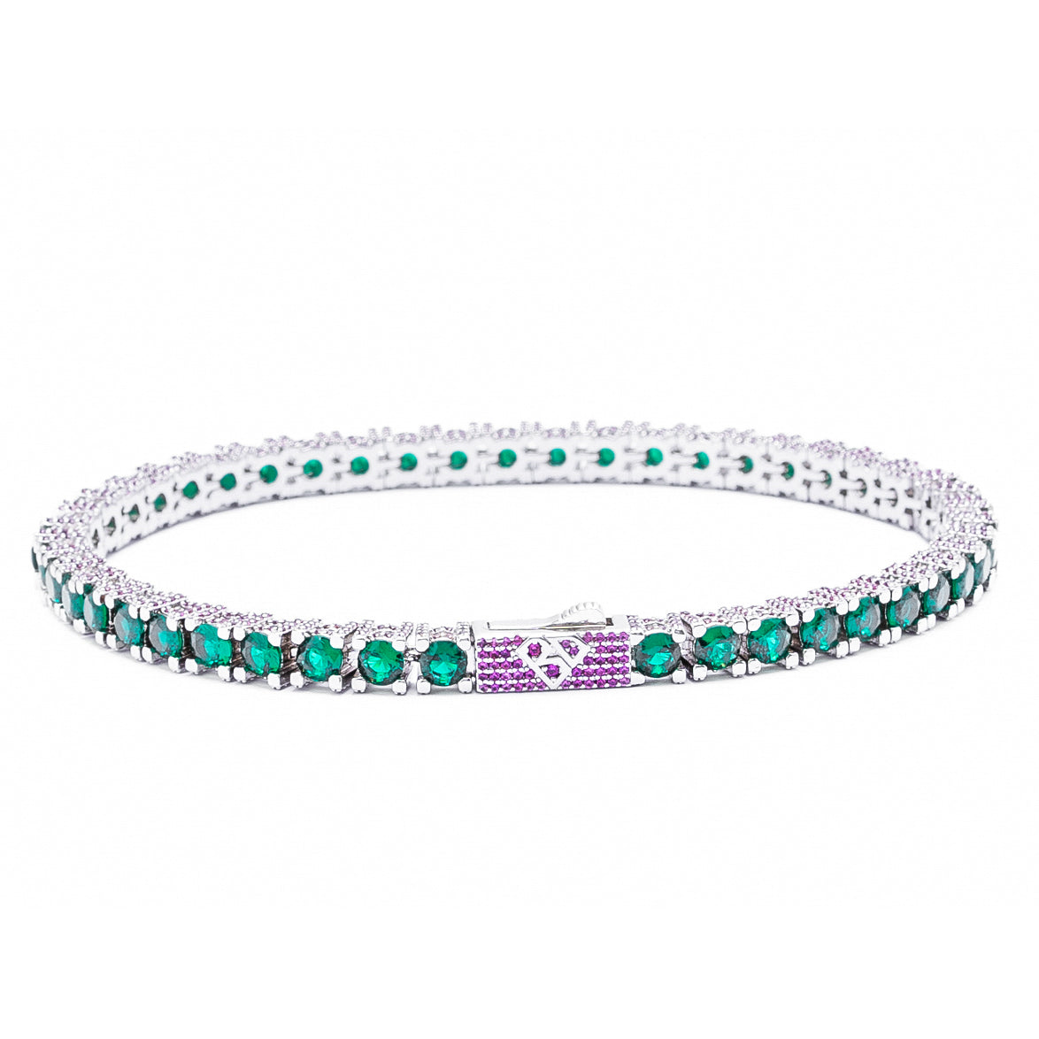 Big Daddy 4MM silver tennis bracelet with green and purple cubic zirconia stones in iced out design